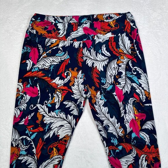 LuLaRoe Leggings Blue Orange Pink White Fluffy Feathers Leaves Tall & Curvy TC - Picture 2 of 6